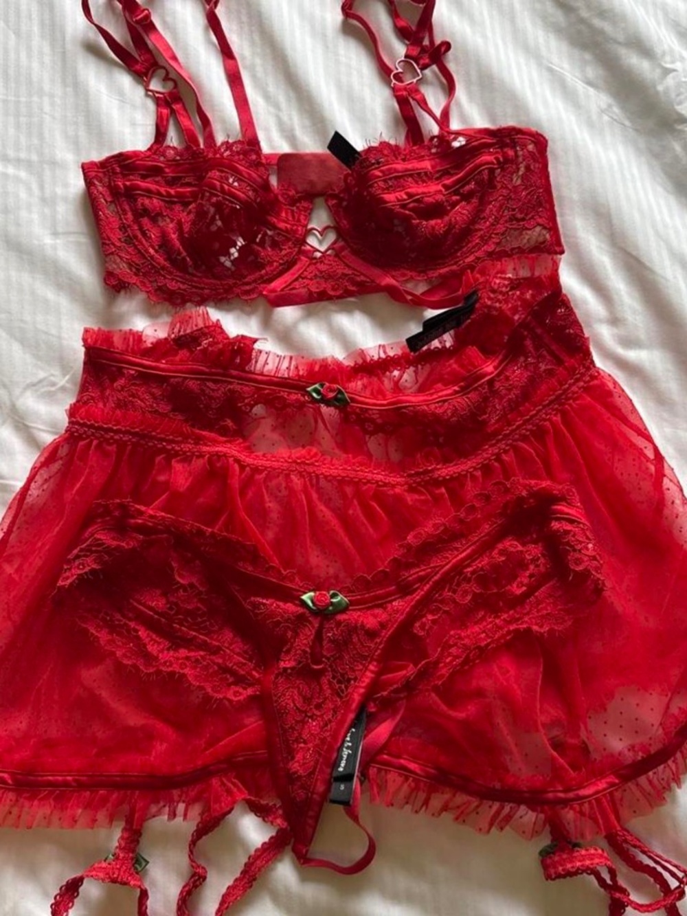 For Love & Lemons Red Lace 3-Piece Lingerie Set — Small